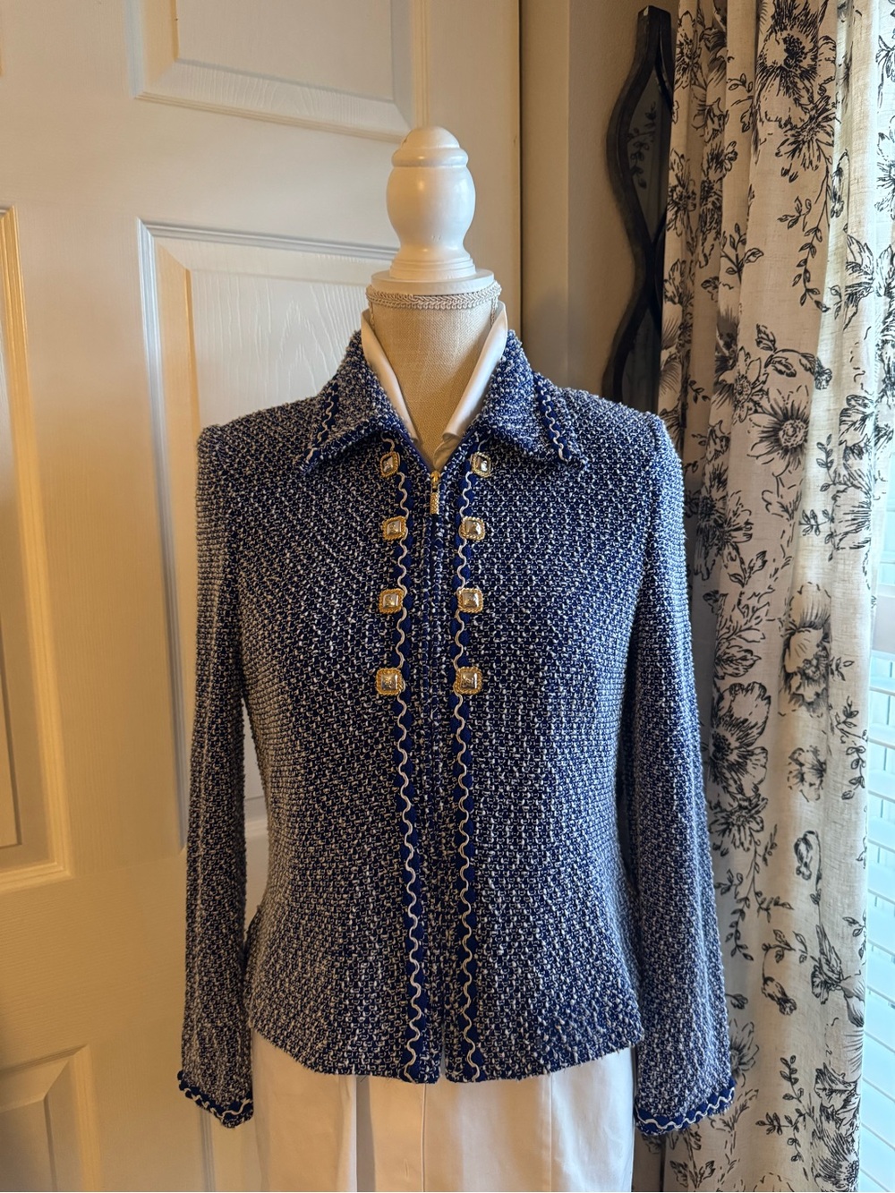 St. John Navy and White Bouclé Button-Front Jacket